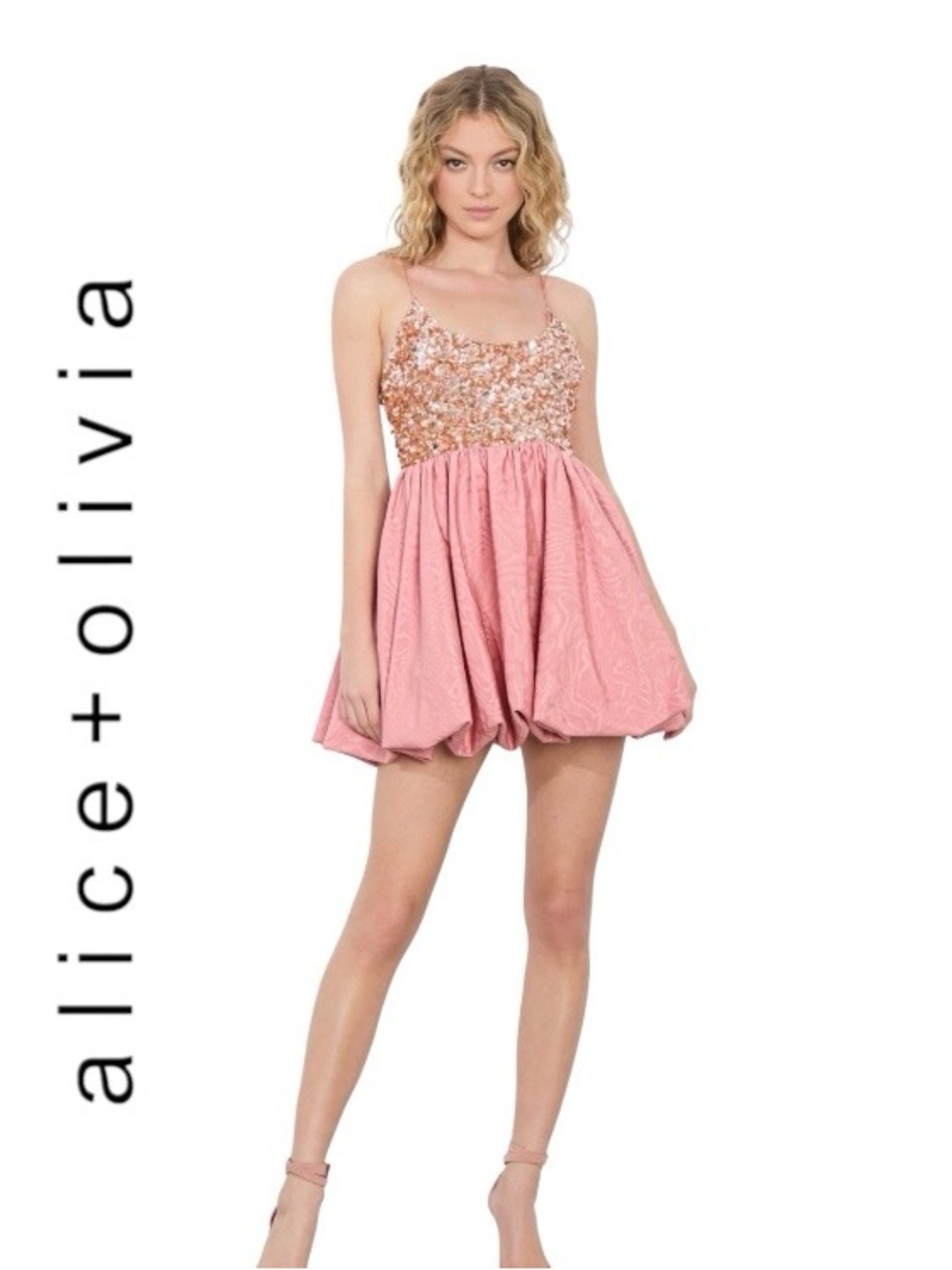 Alice + Olivia NESSA Rose Gold Sequin Bubble Mini Dress In Dusty Rose Size 6 NWT